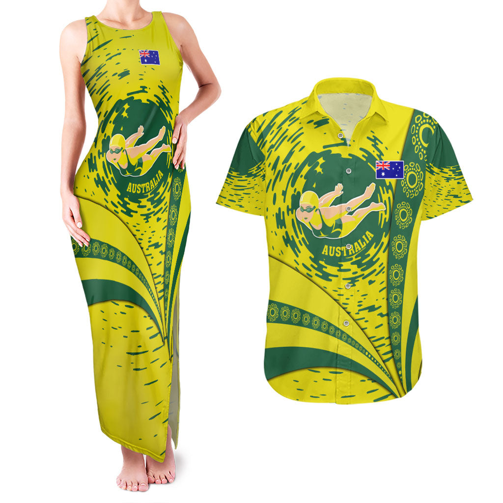Personalized Australia Swimming Champion Couples Matching Tank Maxi Dress and Hawaiian Shirt Freestyle Swimmer With Swirling Wave And Cultural Patterns
