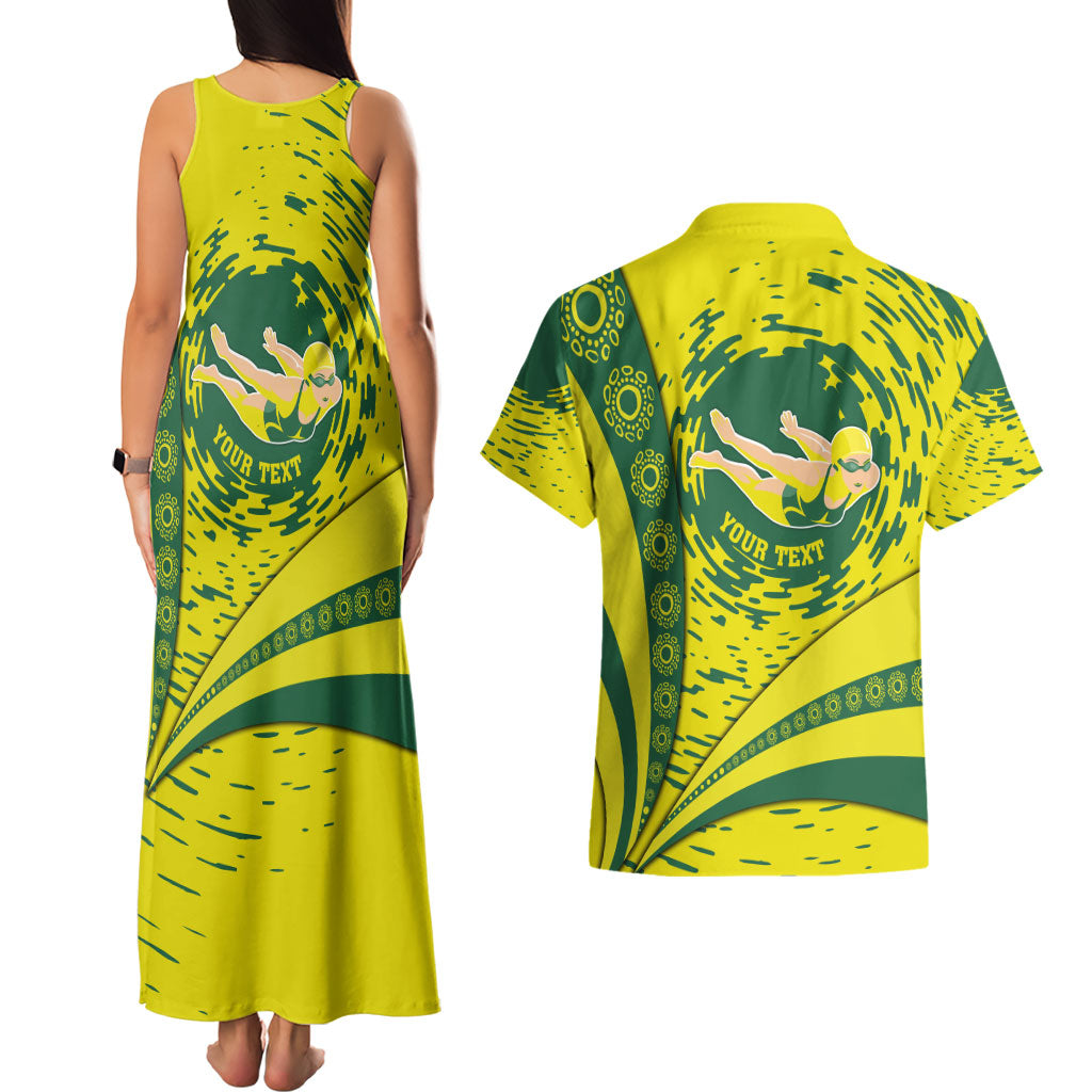 Personalized Australia Swimming Champion Couples Matching Tank Maxi Dress and Hawaiian Shirt Freestyle Swimmer With Swirling Wave And Cultural Patterns