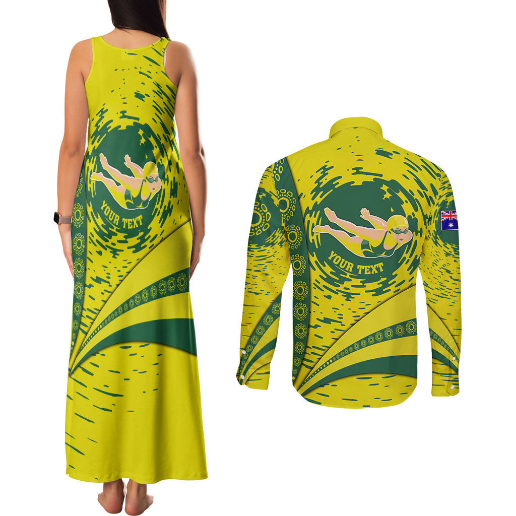 Personalized Australia Swimming Champion Couples Matching Tank Maxi Dress and Long Sleeve Button Shirt Freestyle Swimmer With Swirling Wave And Cultural Patterns