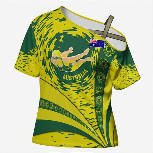 Personalized Australia Swimming Champion Cross Shoulder Shirt Freestyle Swimmer With Swirling Wave And Cultural Patterns