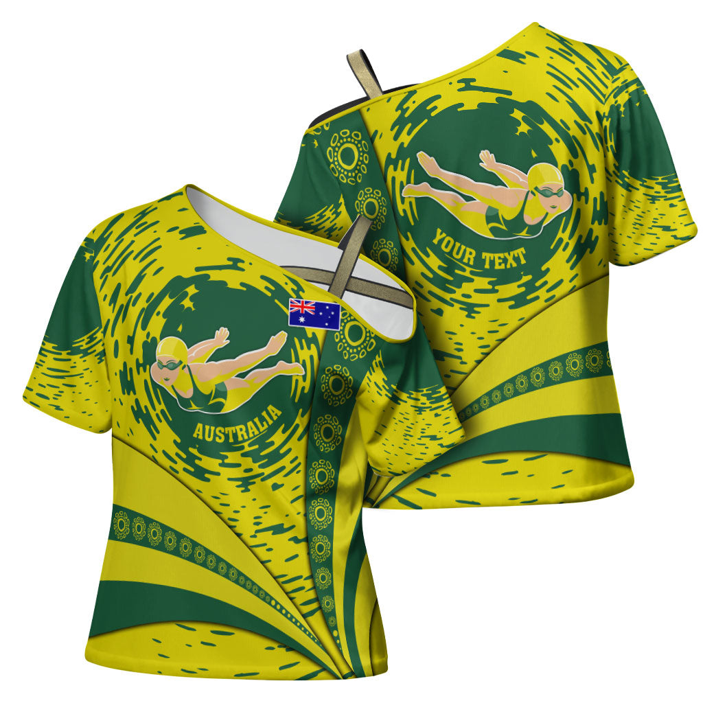 Personalized Australia Swimming Champion Cross Shoulder Shirt Freestyle Swimmer With Swirling Wave And Cultural Patterns