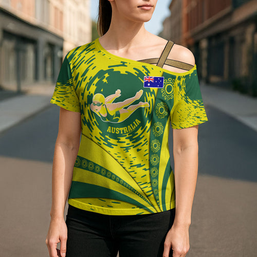 Personalized Australia Swimming Champion Cross Shoulder Shirt Freestyle Swimmer With Swirling Wave And Cultural Patterns