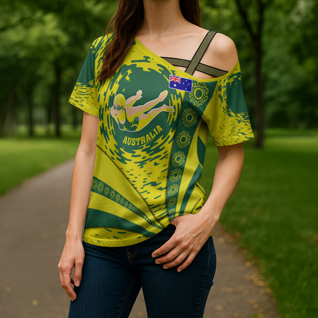 Personalized Australia Swimming Champion Cross Shoulder Shirt Freestyle Swimmer With Swirling Wave And Cultural Patterns