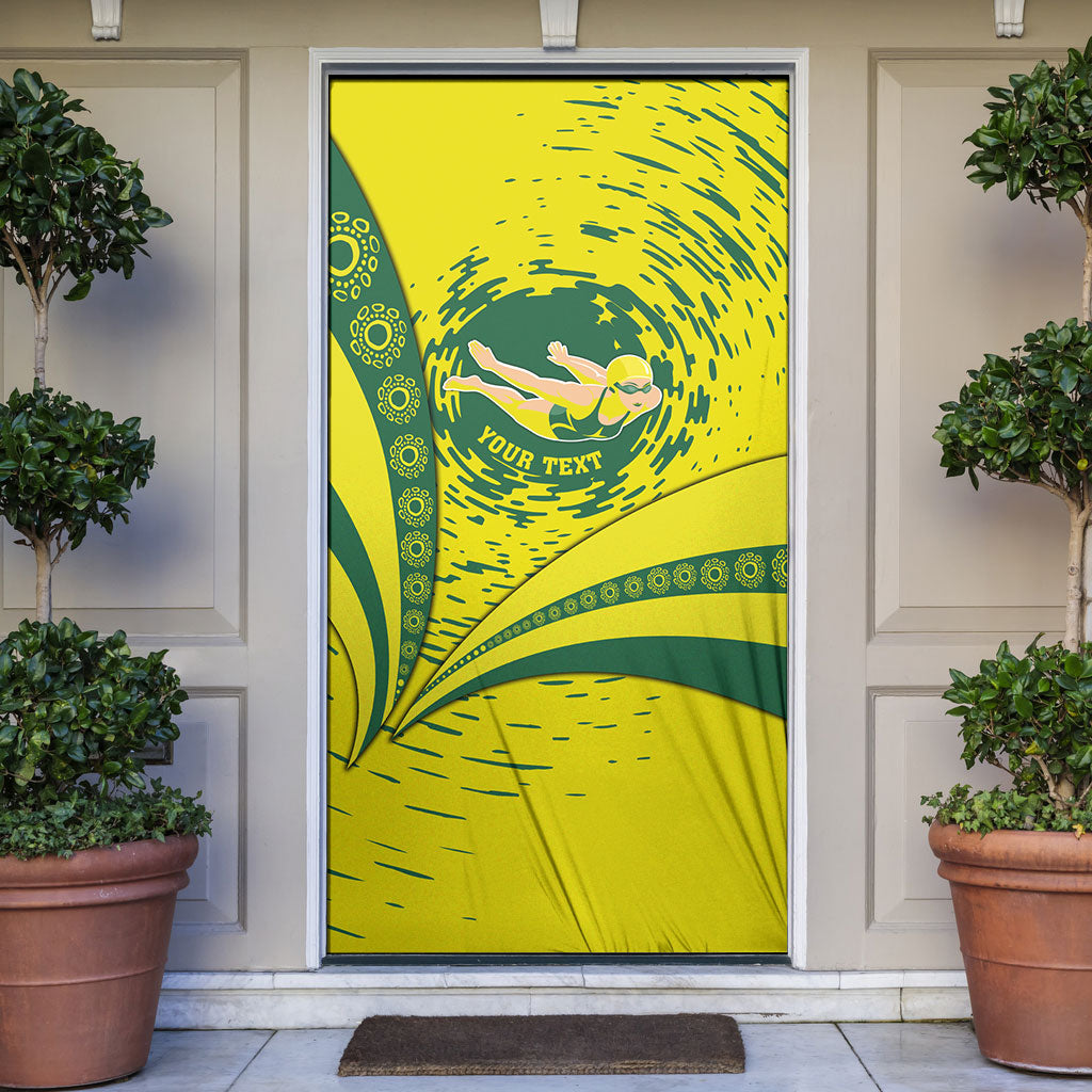 Personalized Australia Swimming Champion Door Cover Freestyle Swimmer With Swirling Wave And Cultural Patterns