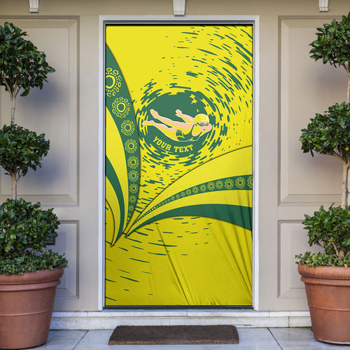 Personalized Australia Swimming Champion Door Cover Freestyle Swimmer With Swirling Wave And Cultural Patterns