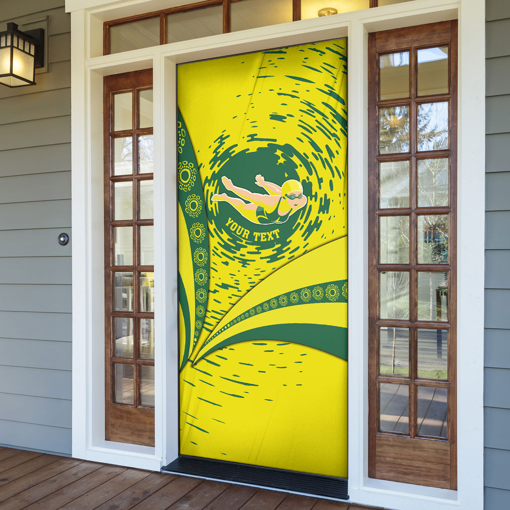 Personalized Australia Swimming Champion Door Cover Freestyle Swimmer With Swirling Wave And Cultural Patterns