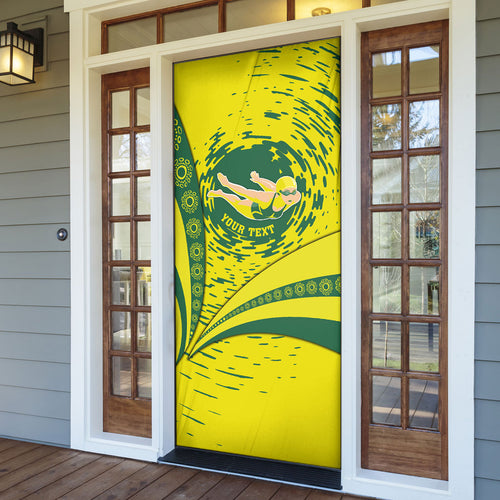 Personalized Australia Swimming Champion Door Cover Freestyle Swimmer With Swirling Wave And Cultural Patterns