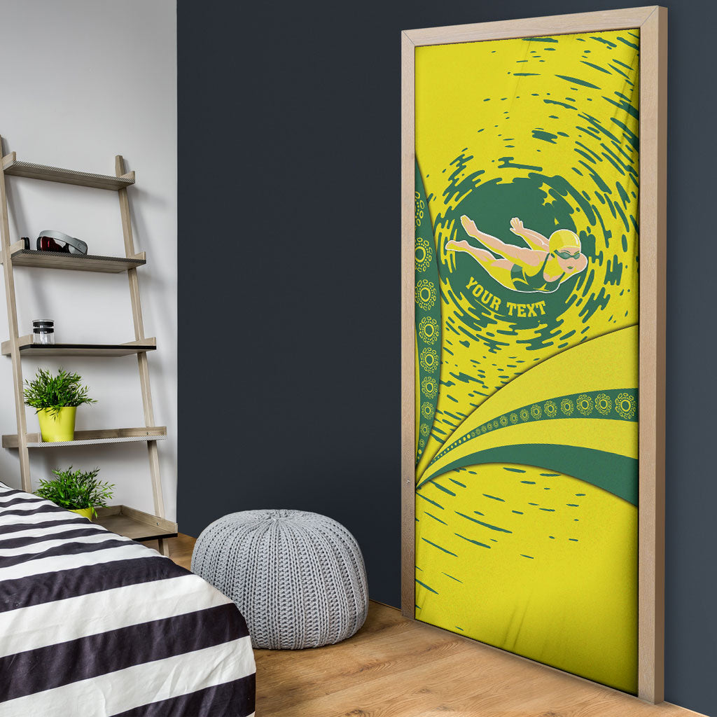 Personalized Australia Swimming Champion Door Cover Freestyle Swimmer With Swirling Wave And Cultural Patterns
