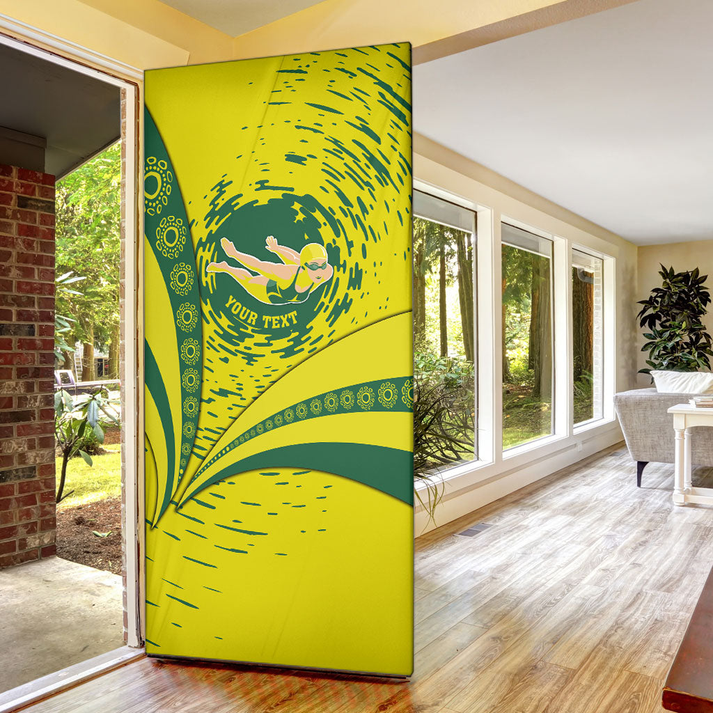 Personalized Australia Swimming Champion Door Cover Freestyle Swimmer With Swirling Wave And Cultural Patterns