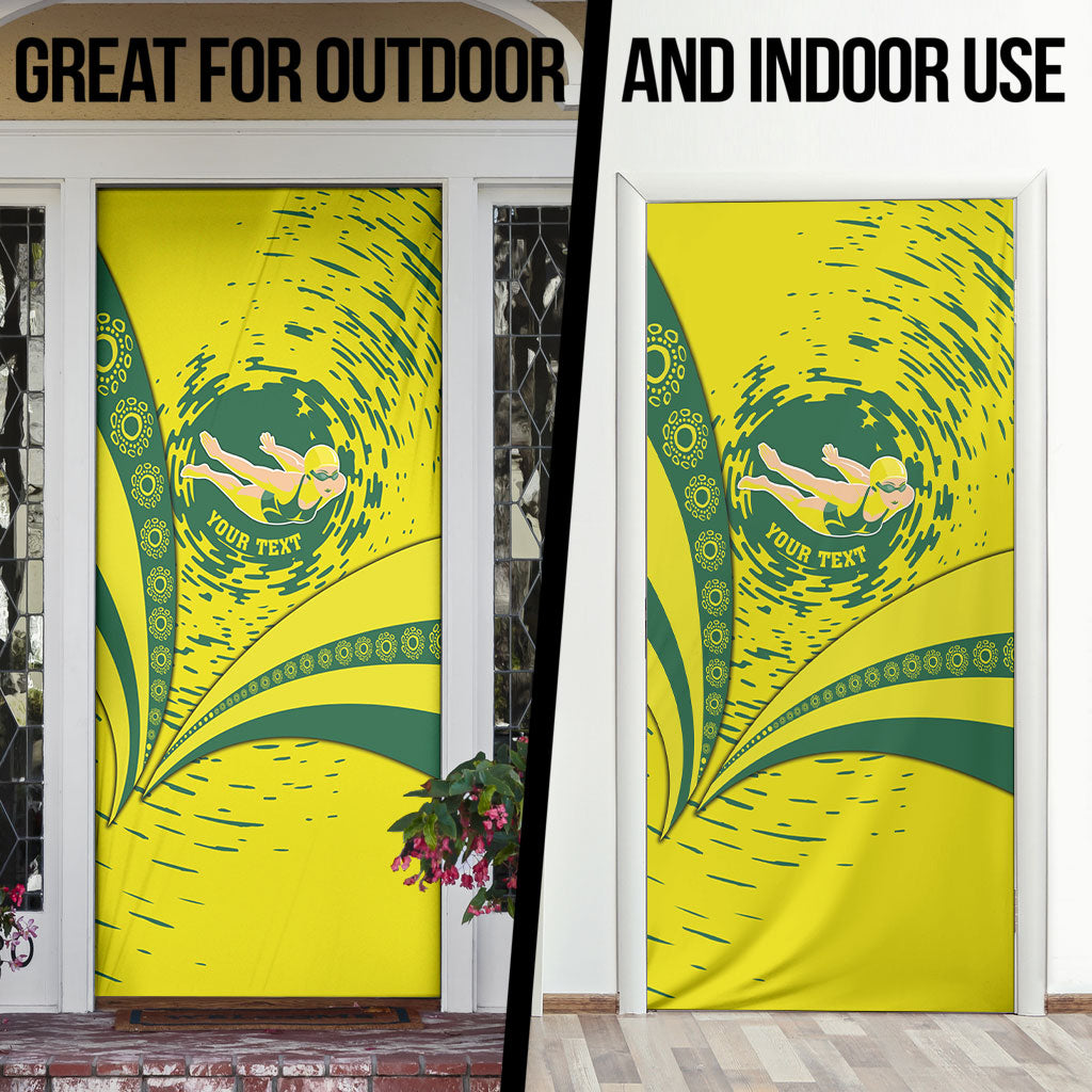 Personalized Australia Swimming Champion Door Cover Freestyle Swimmer With Swirling Wave And Cultural Patterns