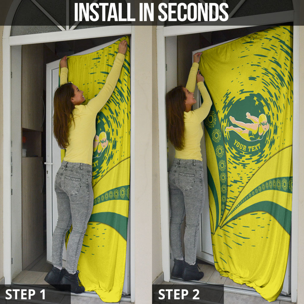 Personalized Australia Swimming Champion Door Cover Freestyle Swimmer With Swirling Wave And Cultural Patterns
