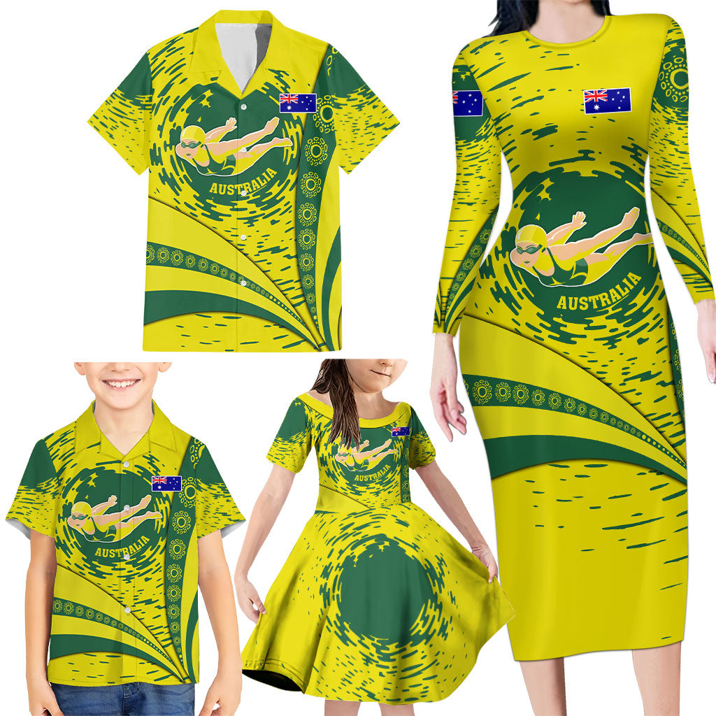 Personalized Australia Swimming Champion Family Matching Long Sleeve Bodycon Dress and Hawaiian Shirt Freestyle Swimmer With Swirling Wave And Cultural Patterns
