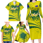 Personalized Australia Swimming Champion Family Matching Long Sleeve Bodycon Dress and Hawaiian Shirt Freestyle Swimmer With Swirling Wave And Cultural Patterns
