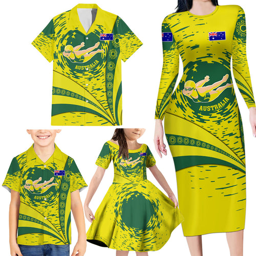 Personalized Australia Swimming Champion Family Matching Long Sleeve Bodycon Dress and Hawaiian Shirt Freestyle Swimmer With Swirling Wave And Cultural Patterns