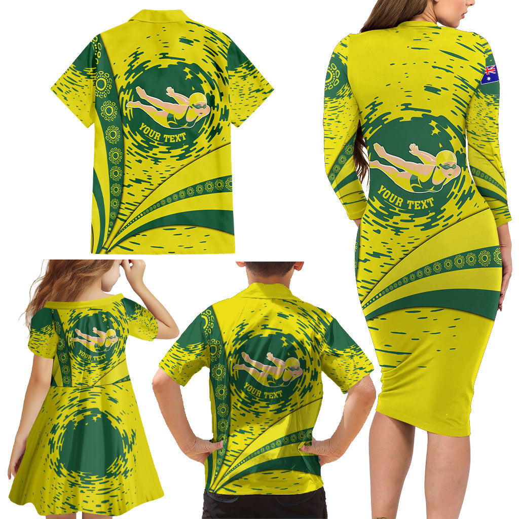 Personalized Australia Swimming Champion Family Matching Long Sleeve Bodycon Dress and Hawaiian Shirt Freestyle Swimmer With Swirling Wave And Cultural Patterns