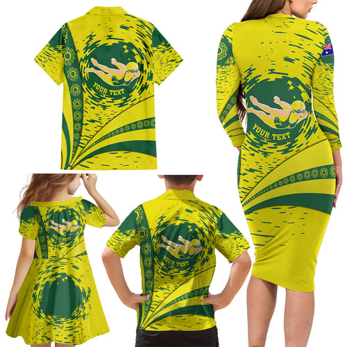 Personalized Australia Swimming Champion Family Matching Long Sleeve Bodycon Dress and Hawaiian Shirt Freestyle Swimmer With Swirling Wave And Cultural Patterns