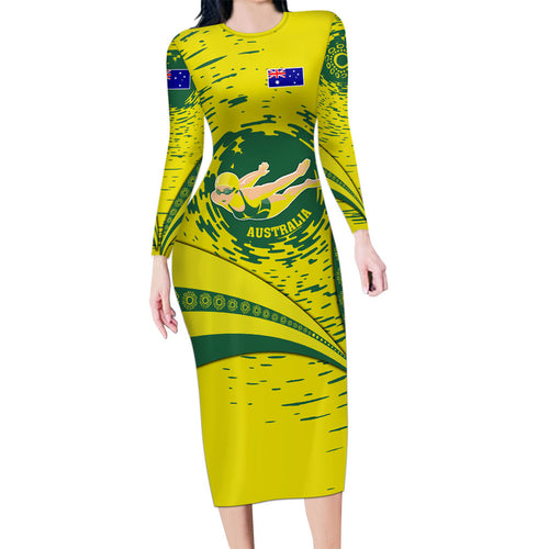 Personalized Australia Swimming Champion Family Matching Long Sleeve Bodycon Dress and Hawaiian Shirt Freestyle Swimmer With Swirling Wave And Cultural Patterns