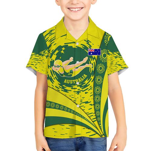 Personalized Australia Swimming Champion Family Matching Long Sleeve Bodycon Dress and Hawaiian Shirt Freestyle Swimmer With Swirling Wave And Cultural Patterns