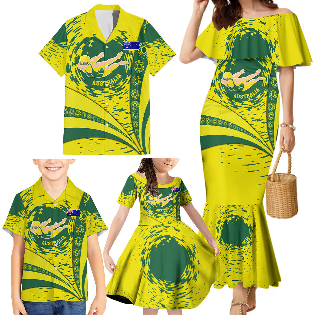 Personalized Australia Swimming Champion Family Matching Mermaid Dress and Hawaiian Shirt Freestyle Swimmer With Swirling Wave And Cultural Patterns