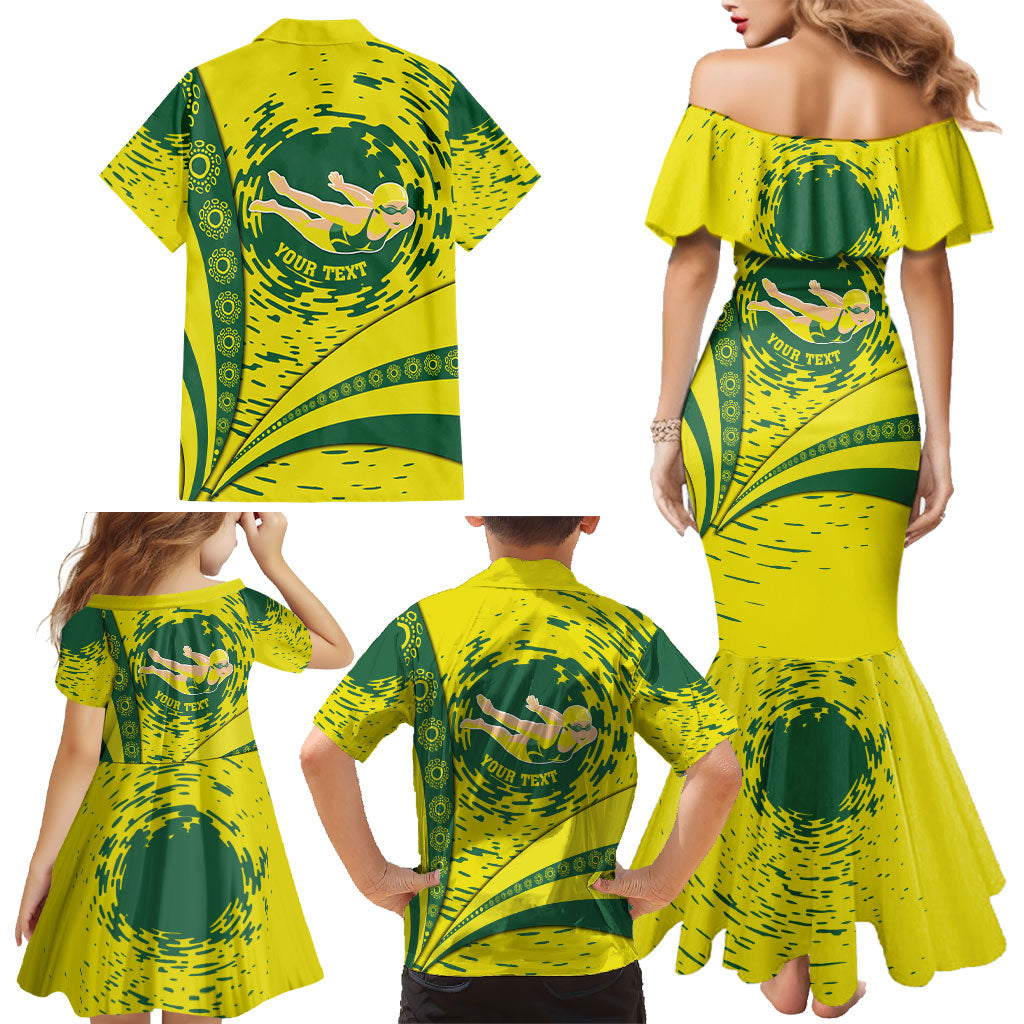 Personalized Australia Swimming Champion Family Matching Mermaid Dress and Hawaiian Shirt Freestyle Swimmer With Swirling Wave And Cultural Patterns