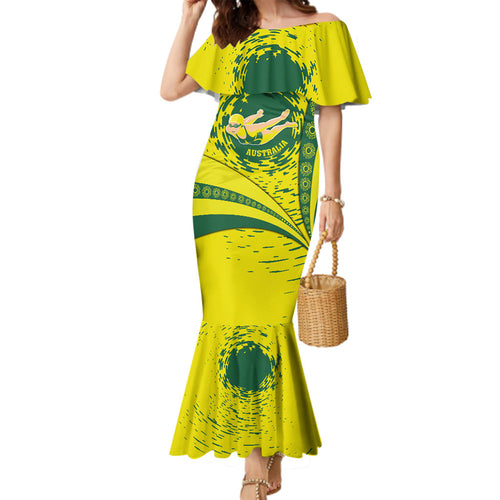 Personalized Australia Swimming Champion Family Matching Mermaid Dress and Hawaiian Shirt Freestyle Swimmer With Swirling Wave And Cultural Patterns