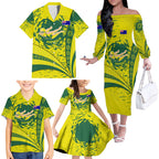 Personalized Australia Swimming Champion Family Matching Off The Shoulder Long Sleeve Dress and Hawaiian Shirt Freestyle Swimmer With Swirling Wave And Cultural Patterns