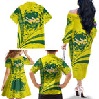 Personalized Australia Swimming Champion Family Matching Off The Shoulder Long Sleeve Dress and Hawaiian Shirt Freestyle Swimmer With Swirling Wave And Cultural Patterns