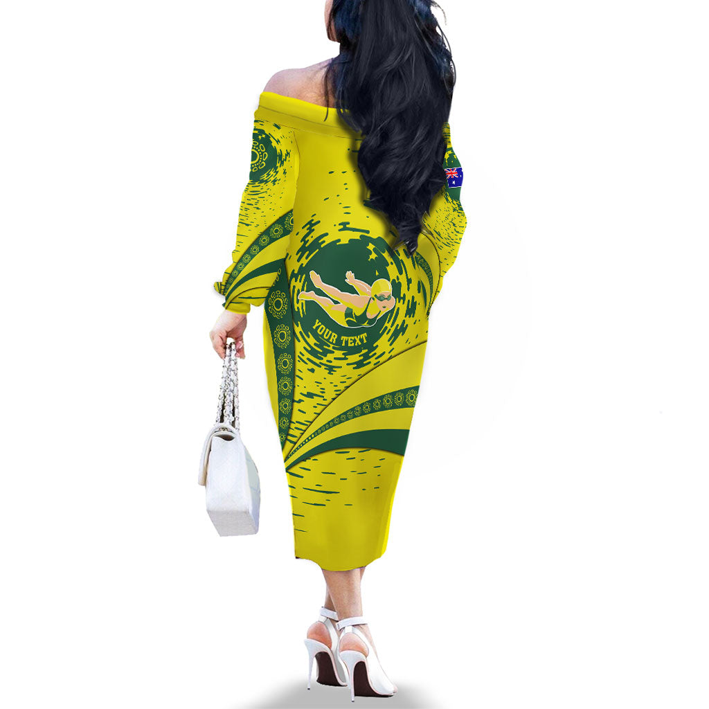 Personalized Australia Swimming Champion Family Matching Off The Shoulder Long Sleeve Dress and Hawaiian Shirt Freestyle Swimmer With Swirling Wave And Cultural Patterns