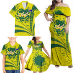 Personalized Australia Swimming Champion Family Matching Off Shoulder Maxi Dress and Hawaiian Shirt Freestyle Swimmer With Swirling Wave And Cultural Patterns