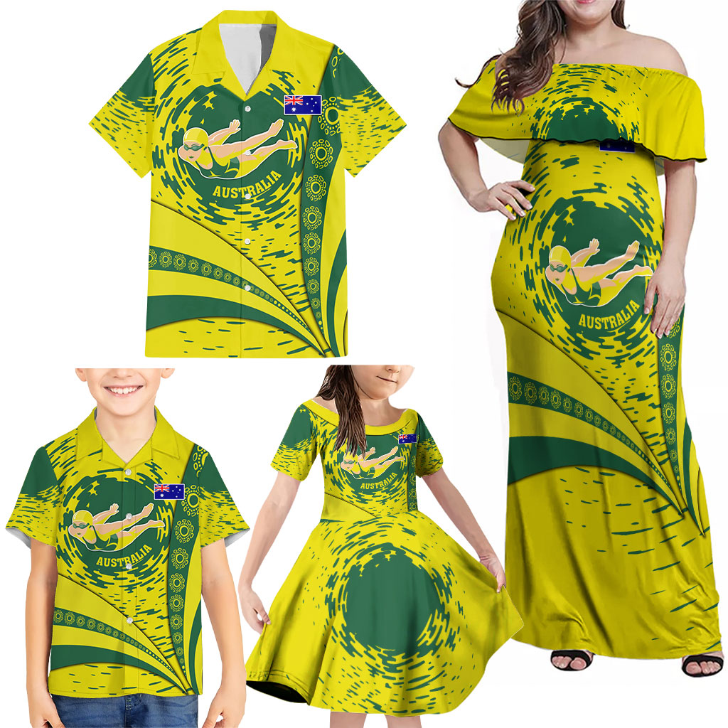 Personalized Australia Swimming Champion Family Matching Off Shoulder Maxi Dress and Hawaiian Shirt Freestyle Swimmer With Swirling Wave And Cultural Patterns