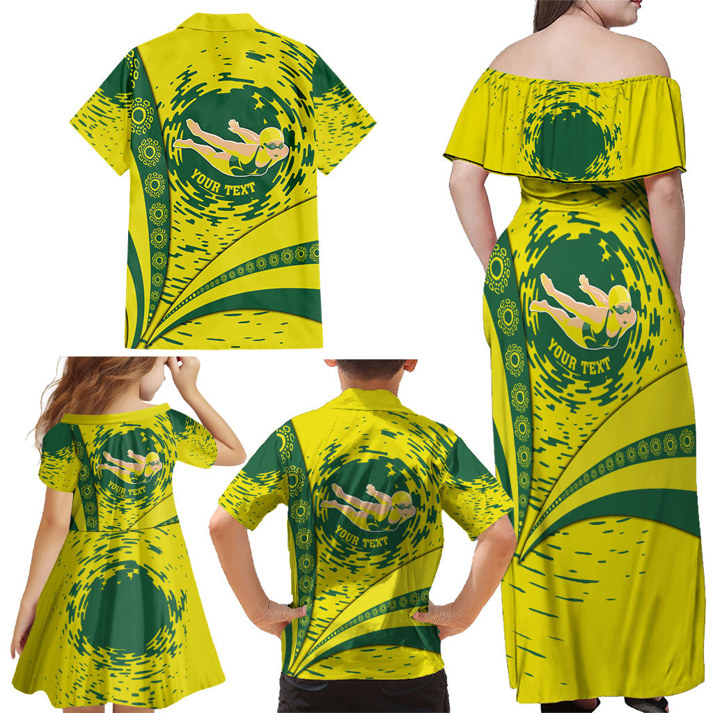 Personalized Australia Swimming Champion Family Matching Off Shoulder Maxi Dress and Hawaiian Shirt Freestyle Swimmer With Swirling Wave And Cultural Patterns