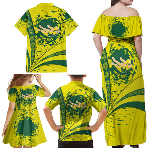 Personalized Australia Swimming Champion Family Matching Off Shoulder Maxi Dress and Hawaiian Shirt Freestyle Swimmer With Swirling Wave And Cultural Patterns