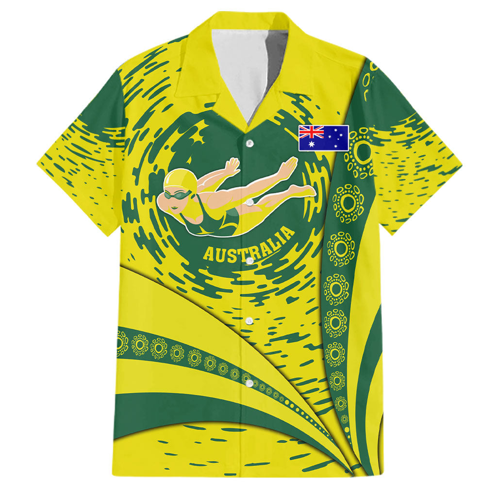 Personalized Australia Swimming Champion Family Matching Off Shoulder Maxi Dress and Hawaiian Shirt Freestyle Swimmer With Swirling Wave And Cultural Patterns