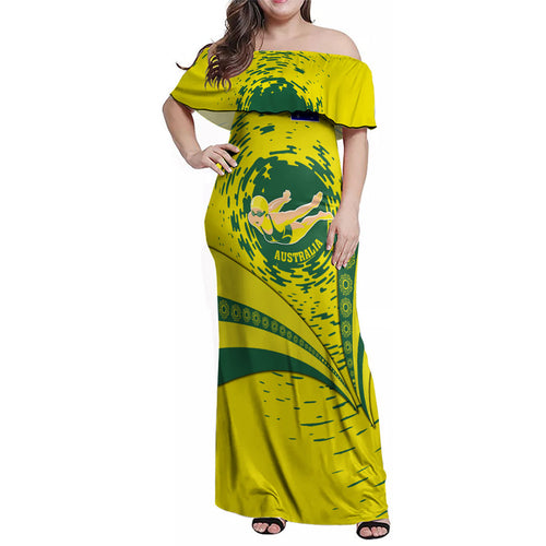 Personalized Australia Swimming Champion Family Matching Off Shoulder Maxi Dress and Hawaiian Shirt Freestyle Swimmer With Swirling Wave And Cultural Patterns