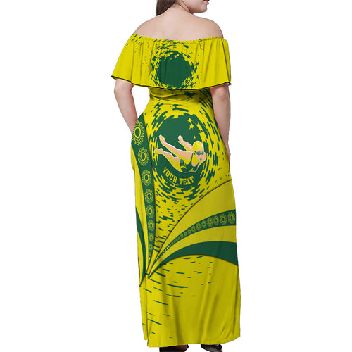 Personalized Australia Swimming Champion Family Matching Off Shoulder Maxi Dress and Hawaiian Shirt Freestyle Swimmer With Swirling Wave And Cultural Patterns