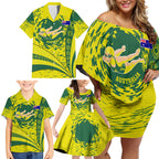 Personalized Australia Swimming Champion Family Matching Off Shoulder Short Dress and Hawaiian Shirt Freestyle Swimmer With Swirling Wave And Cultural Patterns