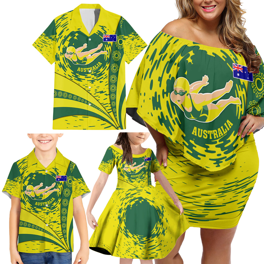Personalized Australia Swimming Champion Family Matching Off Shoulder Short Dress and Hawaiian Shirt Freestyle Swimmer With Swirling Wave And Cultural Patterns