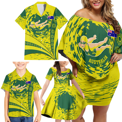 Personalized Australia Swimming Champion Family Matching Off Shoulder Short Dress and Hawaiian Shirt Freestyle Swimmer With Swirling Wave And Cultural Patterns