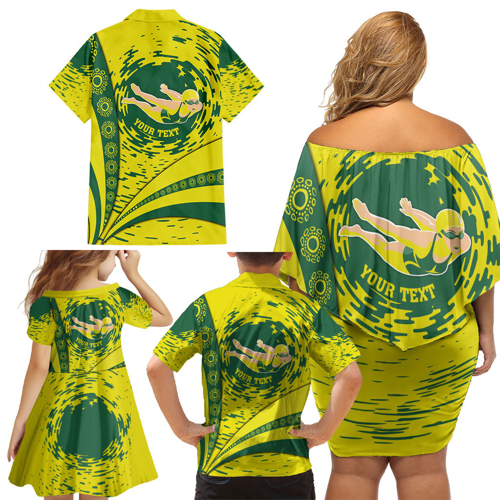 Personalized Australia Swimming Champion Family Matching Off Shoulder Short Dress and Hawaiian Shirt Freestyle Swimmer With Swirling Wave And Cultural Patterns