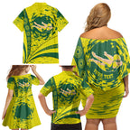 Personalized Australia Swimming Champion Family Matching Off Shoulder Short Dress and Hawaiian Shirt Freestyle Swimmer With Swirling Wave And Cultural Patterns