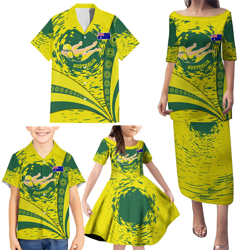Personalized Australia Swimming Champion Family Matching Puletasi and Hawaiian Shirt Freestyle Swimmer With Swirling Wave And Cultural Patterns