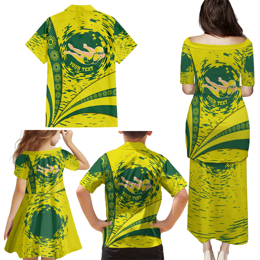 Personalized Australia Swimming Champion Family Matching Puletasi and Hawaiian Shirt Freestyle Swimmer With Swirling Wave And Cultural Patterns