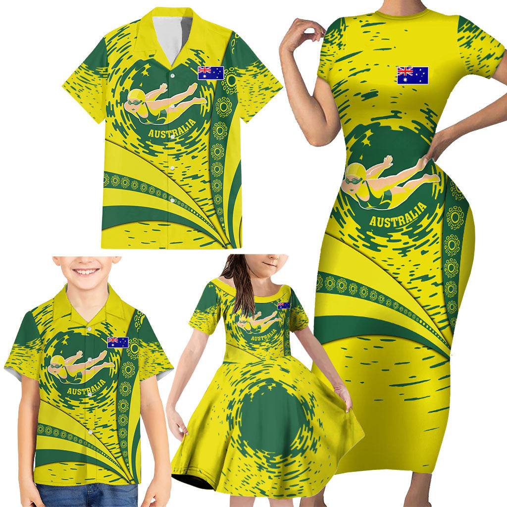 Personalized Australia Swimming Champion Family Matching Short Sleeve Bodycon Dress and Hawaiian Shirt Freestyle Swimmer With Swirling Wave And Cultural Patterns