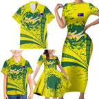 Personalized Australia Swimming Champion Family Matching Short Sleeve Bodycon Dress and Hawaiian Shirt Freestyle Swimmer With Swirling Wave And Cultural Patterns