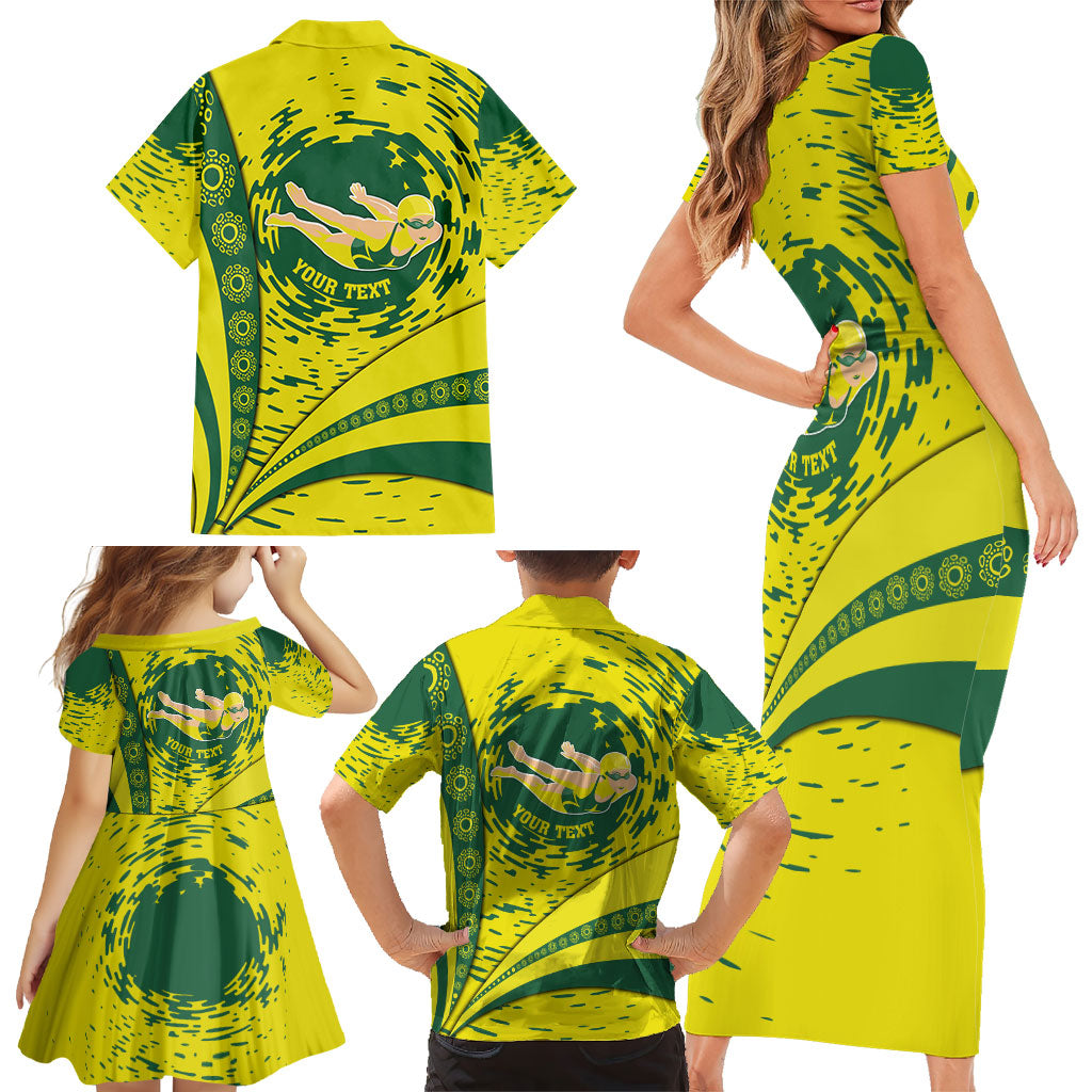 Personalized Australia Swimming Champion Family Matching Short Sleeve Bodycon Dress and Hawaiian Shirt Freestyle Swimmer With Swirling Wave And Cultural Patterns