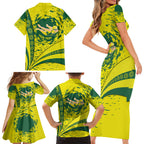 Personalized Australia Swimming Champion Family Matching Short Sleeve Bodycon Dress and Hawaiian Shirt Freestyle Swimmer With Swirling Wave And Cultural Patterns