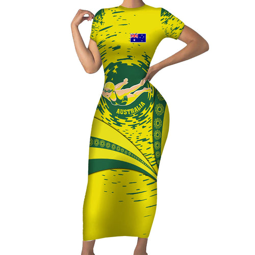 Personalized Australia Swimming Champion Family Matching Short Sleeve Bodycon Dress and Hawaiian Shirt Freestyle Swimmer With Swirling Wave And Cultural Patterns