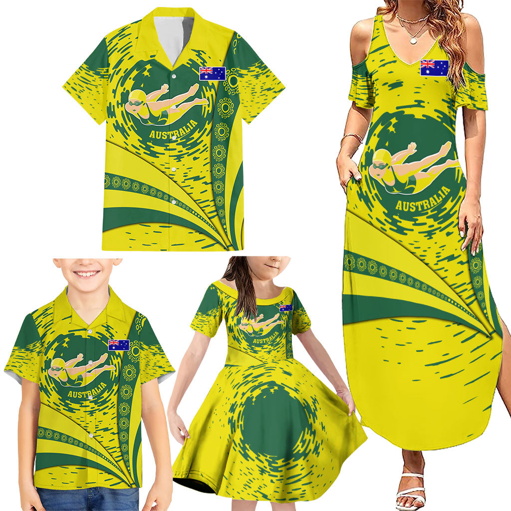 Personalized Australia Swimming Champion Family Matching Summer Maxi Dress and Hawaiian Shirt Freestyle Swimmer With Swirling Wave And Cultural Patterns