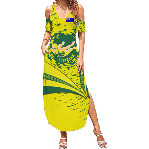 Personalized Australia Swimming Champion Family Matching Summer Maxi Dress and Hawaiian Shirt Freestyle Swimmer With Swirling Wave And Cultural Patterns