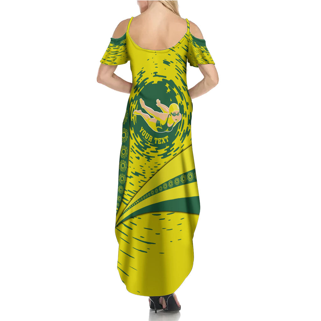 Personalized Australia Swimming Champion Family Matching Summer Maxi Dress and Hawaiian Shirt Freestyle Swimmer With Swirling Wave And Cultural Patterns